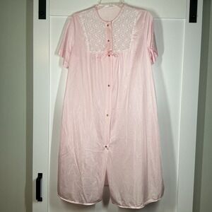 Vintage Silky Nylon Embroidered Bows‎ Lace Pink Button-Down Nightgown Size Large